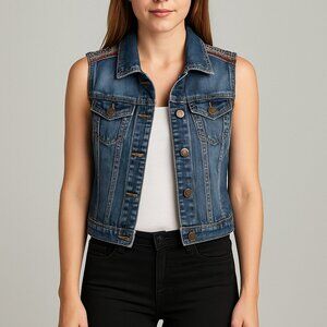 Under Skies Blue Denim Vest with‎ Embroidered Shoulders